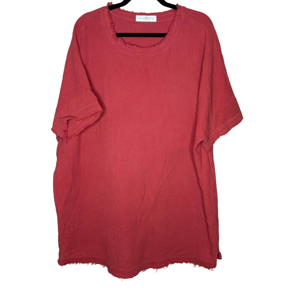 Natural Life Womens Large Coral Red 
 Raw Hem Oversized Tunic Top Lagenlook